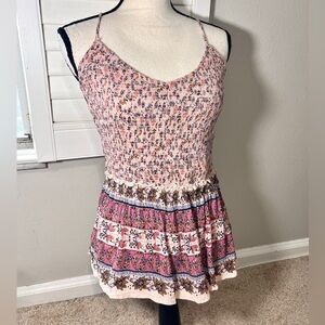 Women’s Smocked Tank Top size S Strappy Printed Pink Rayon India Indie Shirt